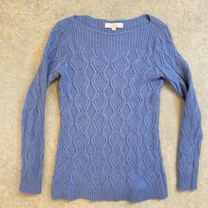 LOFT Sweater Womens Medium Blue Square Neck Rabbit Hair Cable Knit Pullover